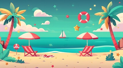 Idyllic Tropical Beach Scene with Palm Trees,Umbrellas,and Sailboat