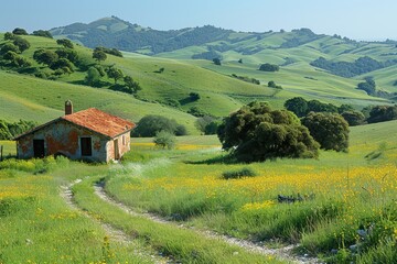 A peaceful countryside scene with rolling hills, a small farmhouse, and a clear blue sky. 