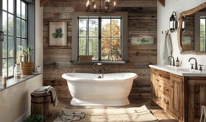 Rustic bathroom with a blank canvas above the vanity