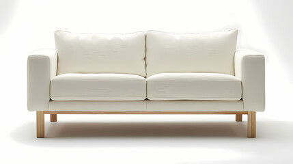 The minimal IKEA sofa frame with a low profile and white laminated finish, front side, isolated white background