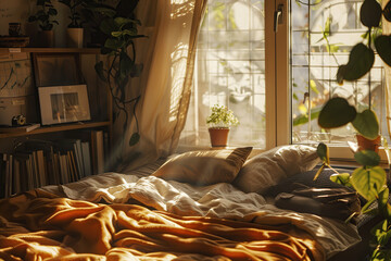 Sunny summer day in a bedroom with pillows and blanket. Lazy Day on August 10