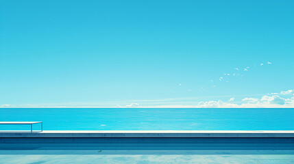 Pool deck overlooking ocean with blue sky