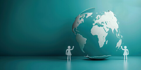 A 3D rendering depicts two paper figures reaching out towards a partially fractured globe, symbolizing humanitarian aid