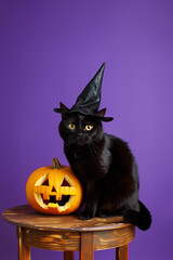 black cat in witch pointed hat sitting on a wooden table with a Halloween pumpkin carved as jack o' lantern, against a smooth purple studio background