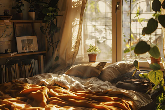 Sunny summer day in a bedroom with pillows and blanket. Lazy Day on August 10