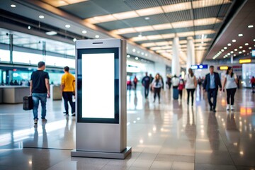 Fototapeta premium Blank smart kiosk mockup standing in a busy airport, blurred people. Empty template of touch screen in modern hallway