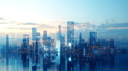 Fototapeta premium Cityscape at dusk with digital overlay