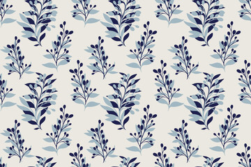 Plain pattern with blue abstract shapes branches leaves on a light background. Vector hand drawing sketch. Creative unique floral stems seamless print. Design for fashion, fabric, wallpaper, textiles