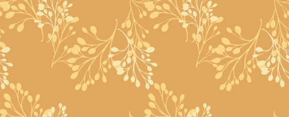 Vintage minimal pattern with shapes branches on a yellow background. Vector hand drawing sketch. Plain unique abstract floral stems intertwined in a seamless print. Design for fashion, fabric, textile