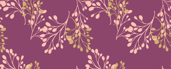 Minimalist pattern with shapes abstract branches on a purple background. Vector hand drawing sketch. Plain unique floral stems intertwined in a seamless print. Design for fashion, fabric, wallpaper