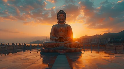 Peaceful Buddha Statue Meditating At Sunset Overlooking Scenic Landscape With Dramatic Sky