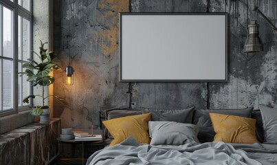Industrial bedroom with a blank frame on the nightstand