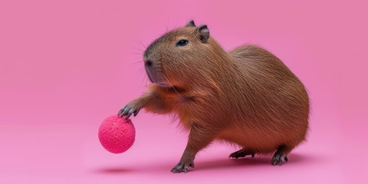 Capybara playing with pink ball, on pink background, cute animal, rodent, fun, furry, playful, vibrant, cheerful concept