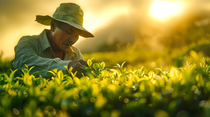 Fototapeta premium A villager picking tea leaves, tea plantations on northern hills, natural farming background