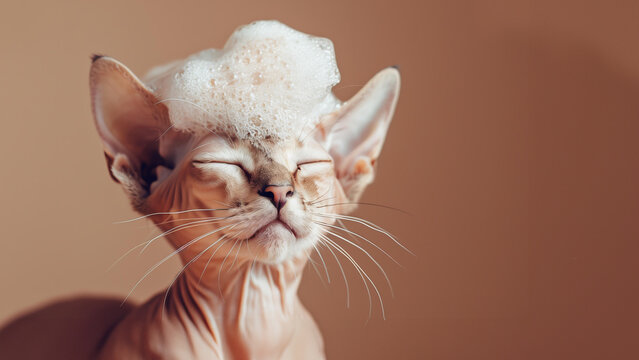 cute sphinx cat was washed with shampoo and foam on its head, having a happy expression and playful mood, on a brown smooth background 