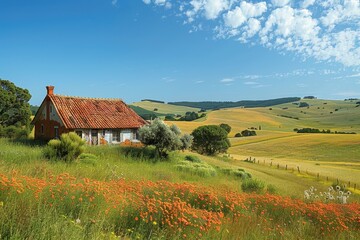 A peaceful countryside scene with rolling hills, a small farmhouse, and a clear blue sky. 