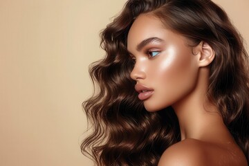 Fototapeta premium Beautiful woman in profile with long and shiny wavy hair. Beauty model girl with curly hairstyle. Fashion, cosmetics and makeup