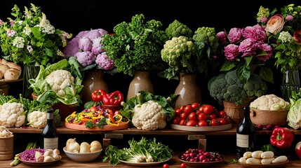 A vibrant display of fresh vegetables and flowers, featuring cauliflower, tomatoes, and leafy greens, complemented by rustic vases and bottles.