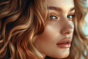 The beautiful woman has long and shiny wavy hair in profile, showcasing her stunning curls. She is a beauty model girl with a gorgeous hairstyle, embodying fashion, cosmetics, and makeup.