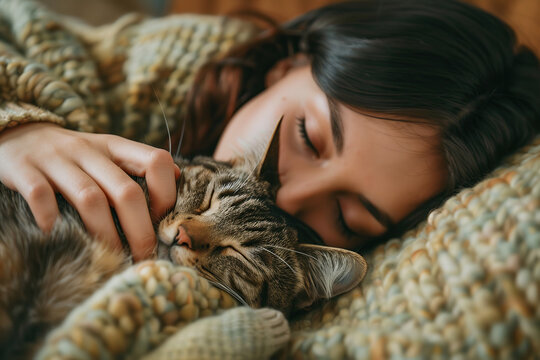 Sleeping woman with cat, closeup of portrait of sleeping young woman. August 10 - National Lazy Day