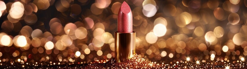 Cosmetic branding, sale and glamour concept - Rose lipstick on golden Christmas, New Years and Valentines Day holiday glitter background, make-up and cosmetics product for luxury beauty brand © Otseira