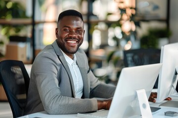 Business Team. A smiling, bearded businessman leads a diverse team reviewing project materials at a bright modern office.
