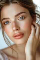 Obraz premium Beautiful young woman with flawless skin, a beauty model with natural nude make up, gently touching her face. Spa, skincare, and wellness focus in close-up shot with copyspace.