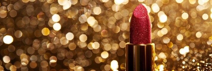 Cosmetic branding, sale and glamour concept - Rose lipstick on golden Christmas, New Years and Valentines Day holiday glitter background, make-up and cosmetics product for luxury beauty brand © Otseira