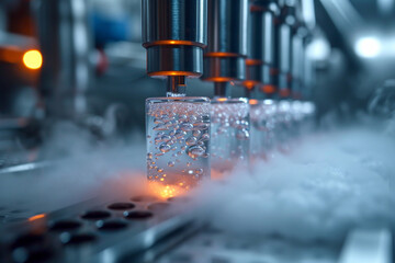 Test tubes with biomaterial or stem cells in cryogenic storage. A jar of liquid nitrogen containing a suspension of stem cells.
