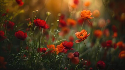 Fototapeta premium Shallow depth of field capturing stunning red and orange flowers in a garden at a grand British estate in the summer