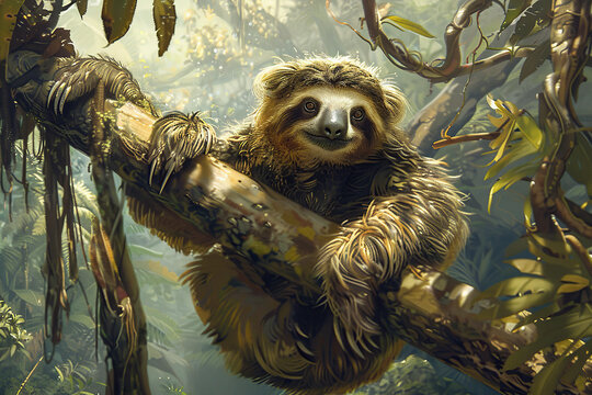 Hanging on a tree smiling sloth in a jungle forest. Nice background for Lazy Day on August 10