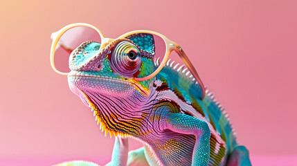 Colorful chameleon lizard in stylish pink glasses posing on matching pink background, trendy and vibrant fashion accessory concept for beauty and art enthusiasts