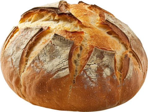 A freshly baked loaf of sourdough bread with a crispy crust and soft interior.