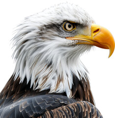 Fototapeta premium Close-up portrait of a bald eagle with sharp gaze and distinctive beak. Its white head and feathers contrast against the dark background.