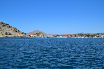Fototapeta premium view of the town - Tourkikos Gialos bay, Myrina town, Lemnos island, Greece, aegean sea