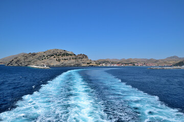 on my way - seascape - the ship's wake (backwater, swirl), a lot of blue at port departure - Myrina town, Lemnos island, Greece, aegean sea