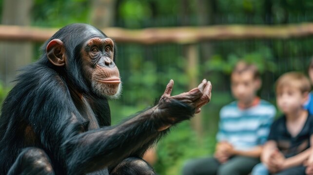 Chimpanzee gesturing with open hand, children observing in background