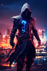 Naklejka premium Shadowy Cyber Ninja Stands Guard in Futuristic Neon City