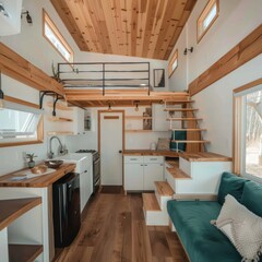 Fototapeta premium A small building with a couch, stairs, and a kitchen featuring cabinetry, countertop, sink, and wood fixtures. This tiny house has a vehiclelike interior design