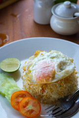 Thai breakfast star, fried rice with pork and egg, Thai food.