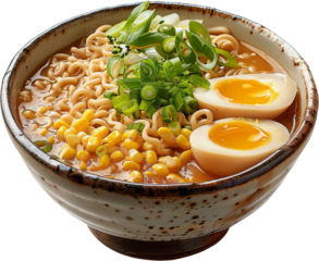 Delicious bowl of ramen noodles with eggs, corn, and green onions in a ceramic bowl on a white background.
