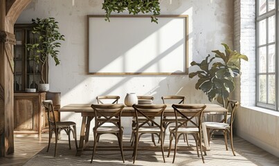 Cozy dining room with a blank frame above the sideboard