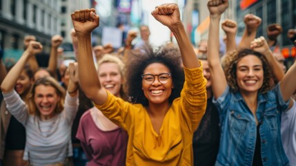 Fototapeta premium Diverse Group of Friends Raising Fists in Urban Setting During Daytime