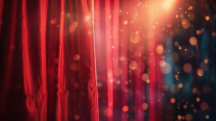 A close-up of a rich red theater curtain with dramatic bokeh lighting, creating an elegant and cinematic ambiance.