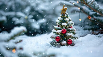 Obraz premium Christmas tree ornament in snow outdoors Winter season idea Limited focus