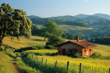 Naklejka premium A peaceful countryside scene with rolling hills, a small farmhouse, and a clear blue sky. 
