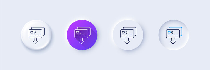 Credit card line icon. Neumorphic, Purple gradient, 3d pin buttons. Send money payment sign. Receive transaction symbol. Line icons. Neumorphic buttons with outline signs. Vector