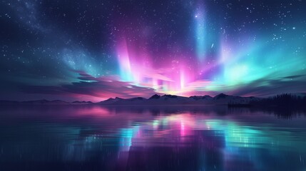 Sapphire Northern Lights Vector Illustration: Glowing Streaks, Starry Sky, Symmetrical Composition with Water Reflection, Digital Art