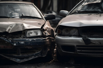 car accident. frontal crash of two cars closeup