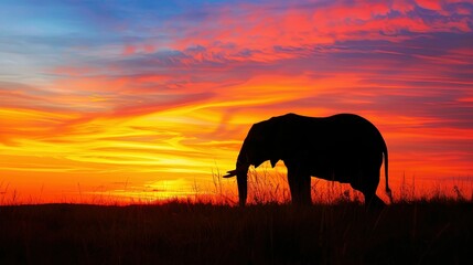 Naklejka premium Elephant at Sunset: Silhouette of an elephant against a vibrant sunset.